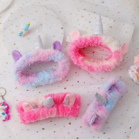 Fascia Per Capelli Peluche Unicorno Morbida Tie Dye Sfumata Per Lavaggio Viso Trucco Doccia Cartone Animato Ragazze