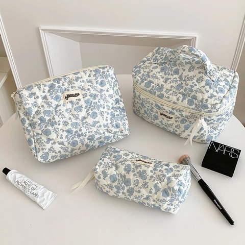 Floral Quilted Cotton Makeup Bag Handheld Large Capacity Toiletry Travel Storage Organizer Pouch For Women Girls