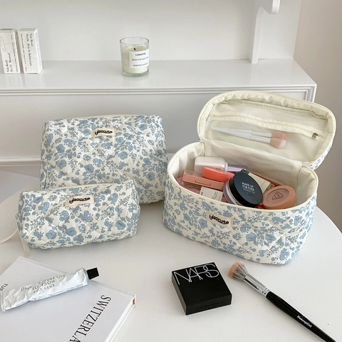 Floral Quilted Cotton Makeup Bag Handheld Large Capacity Toiletry Travel Storage Organizer Pouch For Women Girls