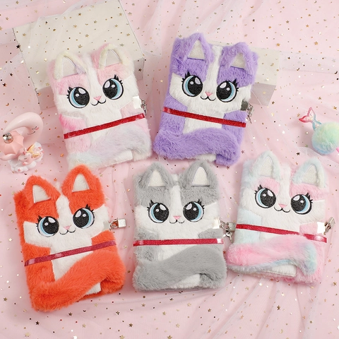 Cute Plush Cat Face Notebook Lockable Diary For Girls Kids With Metal Lock And Keys Cartoon Embroidered Soft Journal