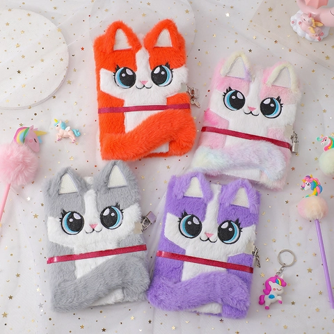 Cute Plush Cat Face Notebook Lockable Diary For Girls Kids With Metal Lock And Keys Cartoon Embroidered Soft Journal