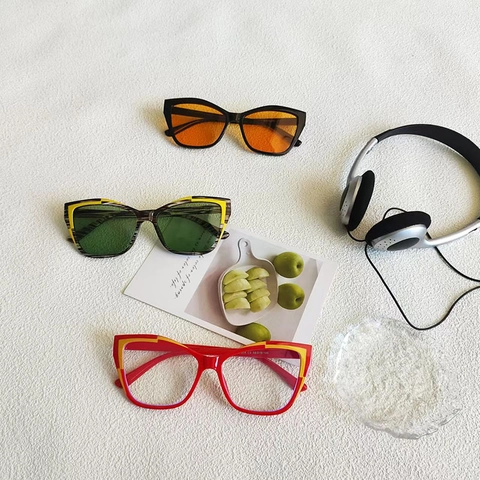 Retro Cat Eye Sunglasses Men Women UV400 Color Blocking PC Frame Resin Lens Fashion Outdoor Sunshade Eyewear