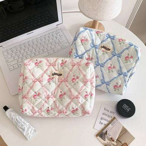 Rose Bow Handheld Cosmetic Bag Portable Large Capacity Skincare Toiletry Storage Pouch For Women Daily Use