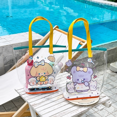 Borsa A Mano Trasparente In PVC Simpatico Orso Cartone Animato Stampa Impermeabile Grande Capacità Borsa Da Spiaggia Estate