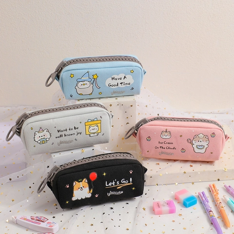 Pencil Case Large Capacity Canvas Big Zipper Cartoon Animal Cat Dog Penguin Stationary Organizer For Students Office