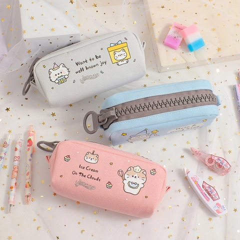 Pencil Case Large Capacity Canvas Big Zipper Cartoon Animal Cat Dog Penguin Stationary Organizer For Students Office