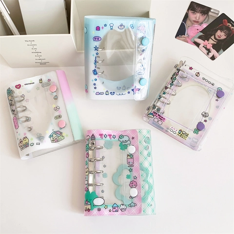 M5 Mini Transparent PVC Loose Leaf Notebook Cute Cartoon Snap Button Card Collector Book Portable Student Stationery Pocket Journal