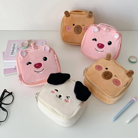Cute Cartoon Plush Cosmetic Bag Large Capacity Travel Makeup Organizer Case With Adjustable Dividers Embroidered Animal Pouch