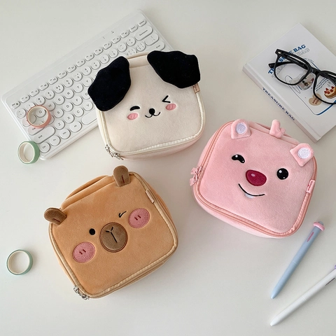 Cute Cartoon Plush Cosmetic Bag Large Capacity Travel Makeup Organizer Case With Adjustable Dividers Embroidered Animal Pouch