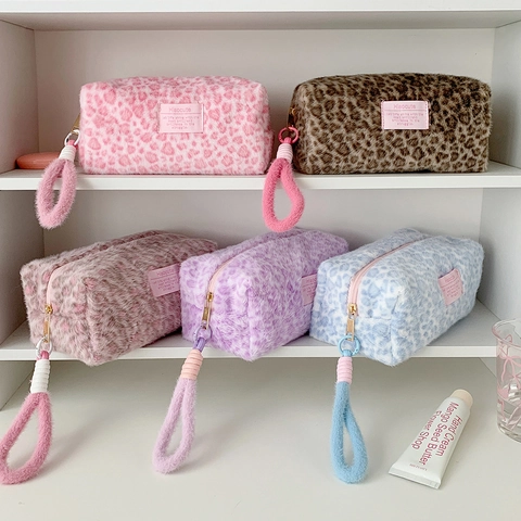 Leopard Print Makeup Bag Plush Faux Fur Cosmetic Pouch Zipper Closure Portable Handheld Skincare Organizer For Women