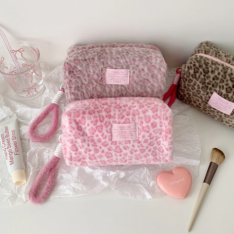 Pluche Luipaardprint Cosmeticatas Make-up Etui Draagbare Studenten Penazel Grote Capaciteit Opbergtas