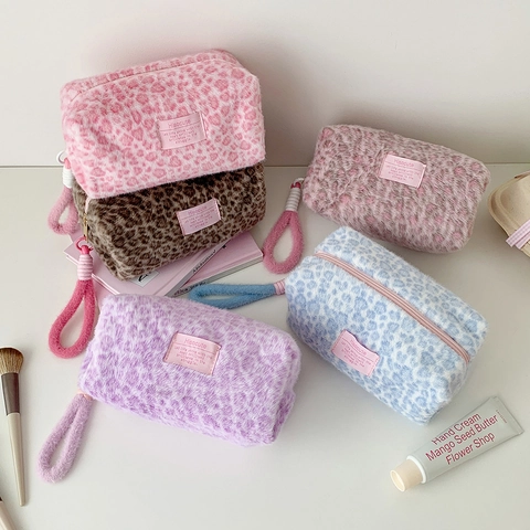 Leopard Print Makeup Bag Plush Faux Fur Cosmetic Pouch Zipper Closure Portable Handheld Skincare Organizer For Women
