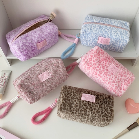 Pluche Luipaardprint Cosmeticatas Make-up Etui Draagbare Studenten Penazel Grote Capaciteit Opbergtas