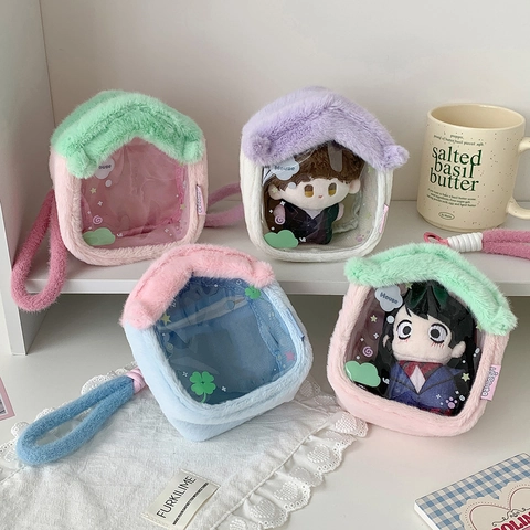 Borsa Per Esposizione Bambole In Peluche A Forma Di Casa Finestra Trasparente Custodia Cartone Animato Macaron Carina