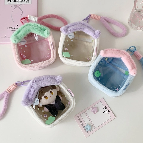 Cute Cartoon Plush House Shape Doll Display Storage Bag Transparent PVC Window Portable Mini Pouch With Hook For Cotton Dolls Students Women