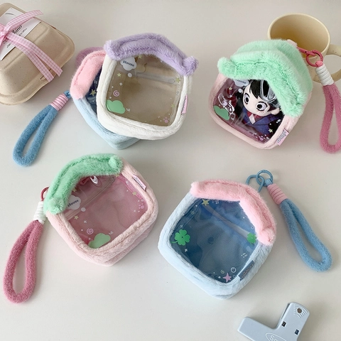 Cute Cartoon Plush House Shape Doll Display Storage Bag Transparent PVC Window Portable Mini Pouch With Hook For Cotton Dolls Students Women