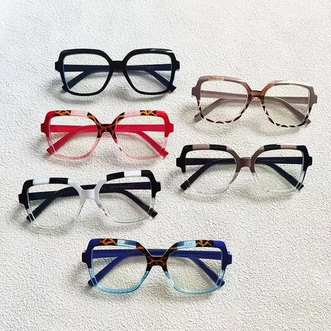 Occhiali Anti Luce Blu Montatura Quadrata Grande PC Lente Resina Retro Colore A Contrasto Chic Per Donne