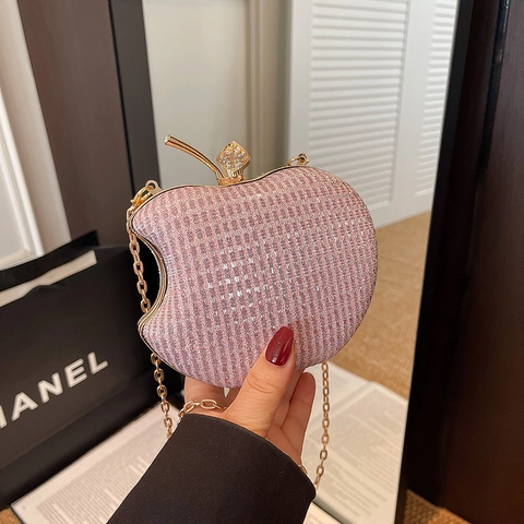 Borsa Da Sera Forma Mela Pochette Strass Glitter Chiusura Foglia Metallica Catena Matrimonio Festa Moda Donne