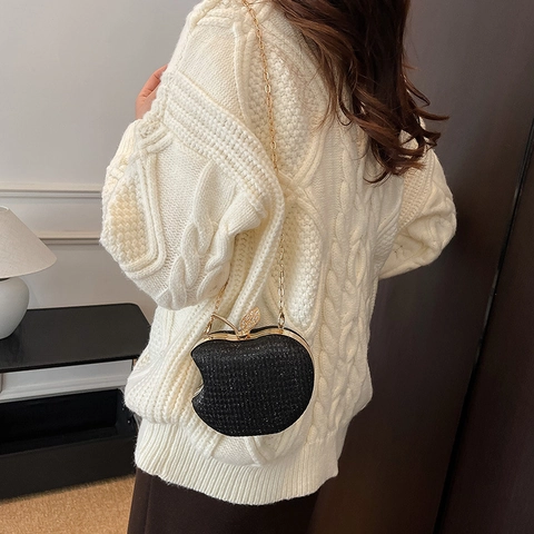 Borsa Da Sera Forma Mela Pochette Strass Glitter Chiusura Foglia Metallica Catena Matrimonio Festa Moda Donne