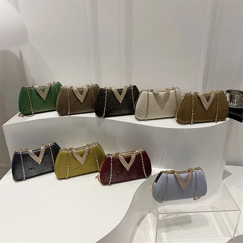 Luxury Women Evening Clutch Bag Rhinestone V Shape Buckle Party Wedding Banquet Hard Shell Handbag With Chain Strap