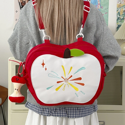 Sac À Bandoulière En Forme De Pomme Nylon Broderie Grande Capacité Sac À Épaule Avec Pendentif En Peluche Style Mori