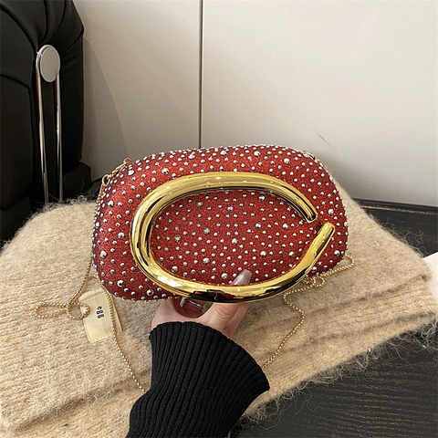 Borsa Da Sera Pochette Con Strass Borsa A Scatola Ovale Con Manico In Metallo E Tracolla A Catena Matrimonio