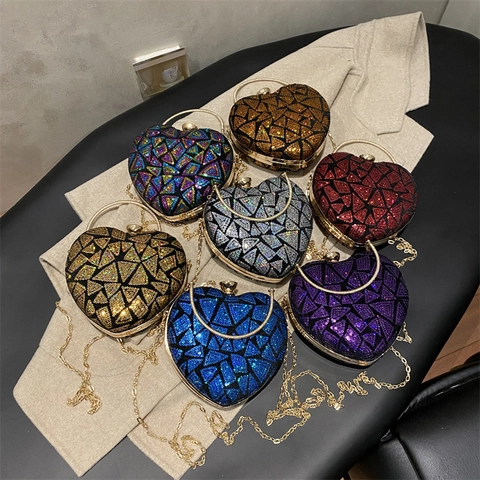 Pochette Da Sera Luccicante A Forma Di Cuore Con Paillettes Borsa A Tracolla Con Motivo Geometrico E Catena