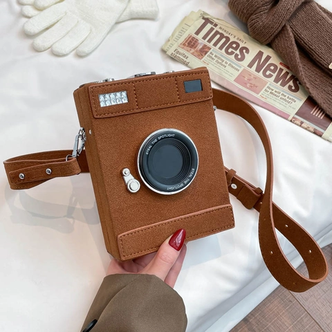 Retro Camera Shape Crossbody Bag Faux Suede Small Square Box Shoulder Bag For Women Fashion Novelty Adjustable Strap