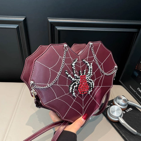 Hartvormige Gothic Crossbodytas Spinnenweb Geborduurd PU Leer Schoudertas Strass Spin Halloween Feest Tas