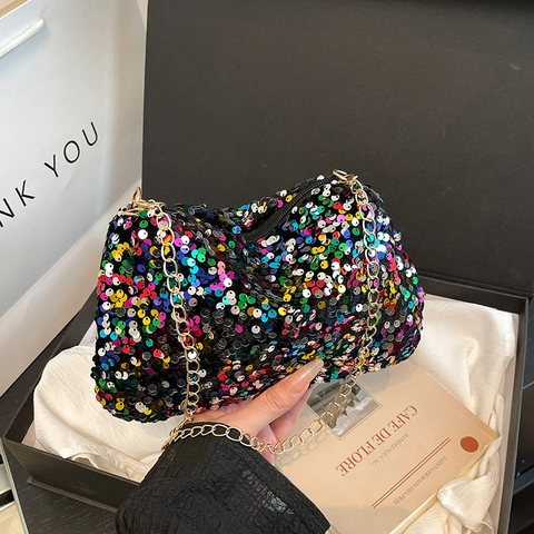 Sequin Small Square Shoulder Bag Crossbody Metal Chain Strap Fashion Evening Party Handbag For Women