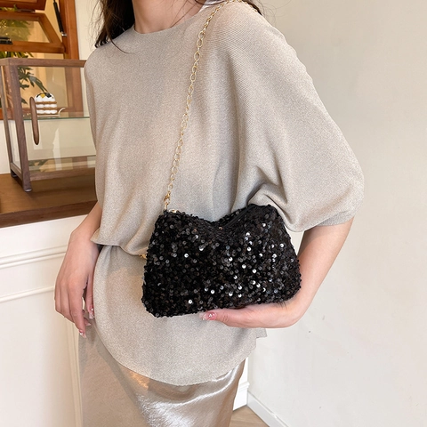 Sequin Small Square Shoulder Bag Crossbody Metal Chain Strap Fashion Evening Party Handbag For Women
