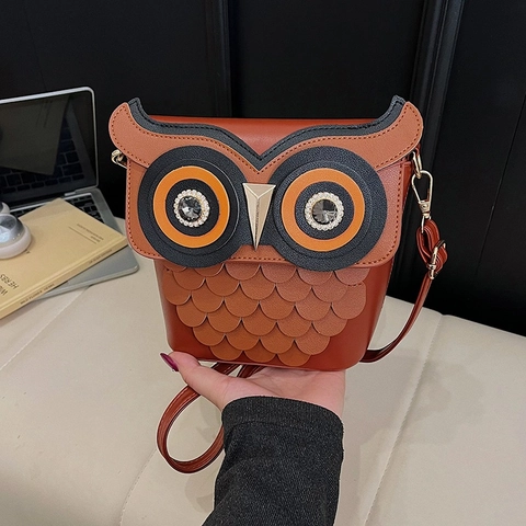 Owl Shaped Crossbody Bag PU Leather Rhinestone Layered Feather Design Cute Animal Shoulder Bag Women Novelty Purse