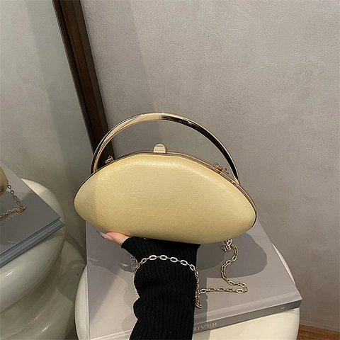 Elegant Women Evening Clutch Bag Shell Shape Pearlescent Acrylic Synthetic Leather Gold Circular Handle Detachable Chain Strap