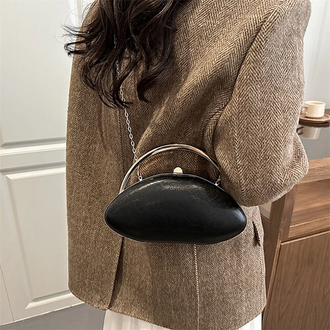 Elegant Women Evening Clutch Bag Shell Shape Pearlescent Acrylic Synthetic Leather Gold Circular Handle Detachable Chain Strap