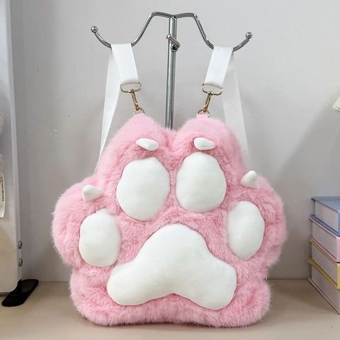 Cat Claw Plush Backpack Cute Animal Paw Faux Fur Bag Soft Kawaii Japanese Style For Girls Women Adjustable Strap