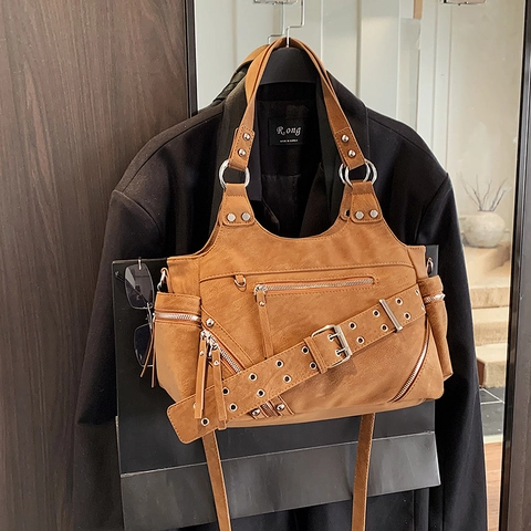 Women Retro PU Leather Shoulder Bag With Rivets And Multi Pockets Punk Style Large Capacity Crossbody Handbag