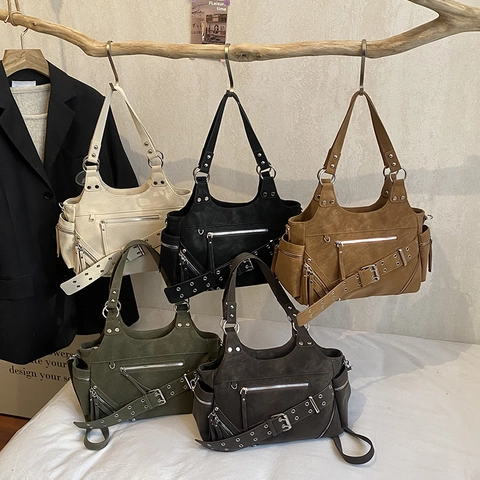 Women Retro PU Leather Shoulder Bag With Rivets And Multi Pockets Punk Style Large Capacity Crossbody Handbag