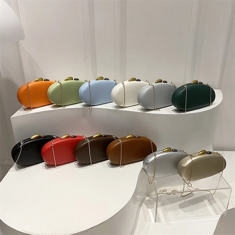 Pebble Shape Evening Clutch Bag Oval Hard Shell PU Leather Metal Chain Shoulder Bag For Women Wedding Party Elegant Minimalism