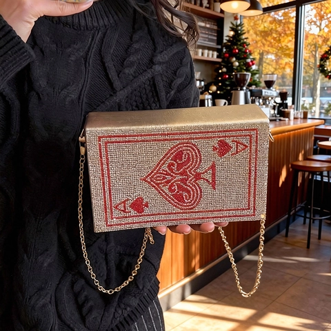 Ace Of Spades Playing Card Rhinestone Evening Bag Creative Hard Shell Box Clutch With Metal Chain Strap For Women Party