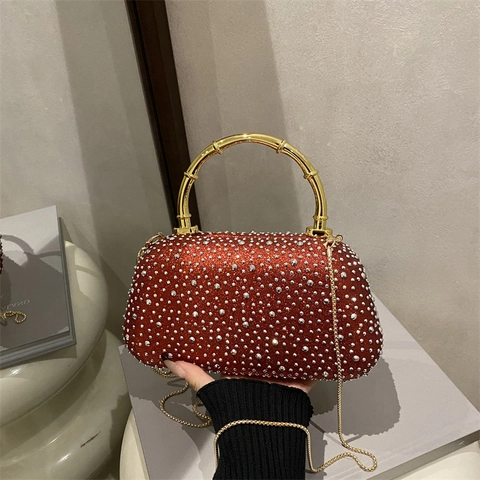 Acrylic Rhinestone Evening Bag With Bamboo Style Metal Handle And Chain Shoulder Strap For Party Dinner Wedding Fashionable Women