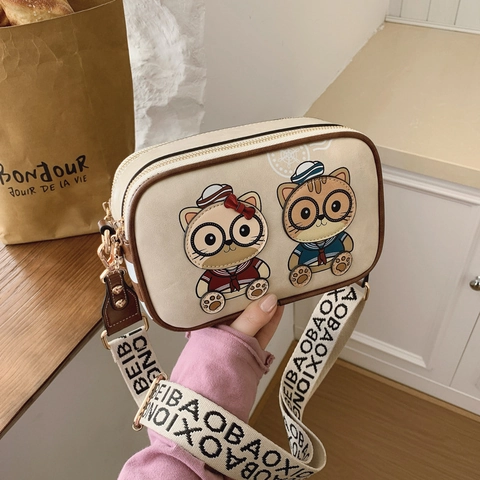 Borsa Tracolla Donna Gatto Cartone Animato Stile Marinaio Pelle PU Tracolla Larga Borsa Fotocamera Quadrata Doppia Cerniera