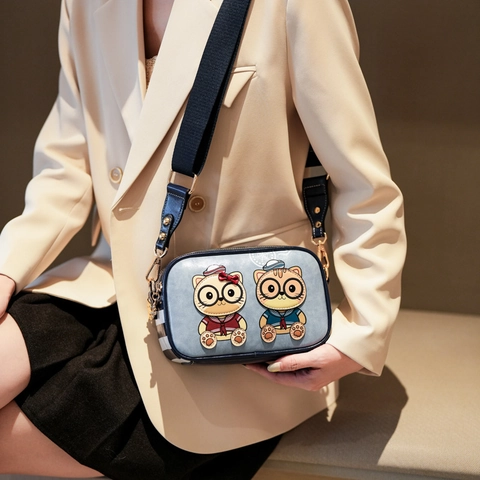 Borsa Tracolla Donna Gatto Cartone Animato Stile Marinaio Pelle PU Tracolla Larga Borsa Fotocamera Quadrata Doppia Cerniera