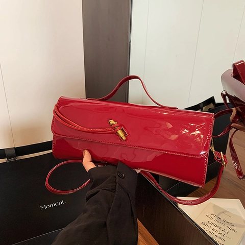 Fashion Women Glossy Patent PU Leather Shoulder Bag Rectangular Handbag With Top Handle And Gold Knot Buckle Retro Purse