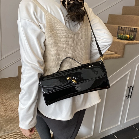 Fashion Women Glossy Patent PU Leather Shoulder Bag Rectangular Handbag With Top Handle And Gold Knot Buckle Retro Purse