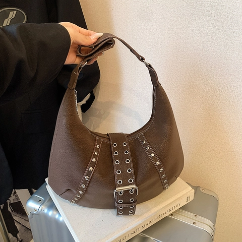 Borsa Hobo Mezzaluna In Pelle PU Retrò Con Borchie Occhielli Metallici Cinturino Con Fibbia Borsa A Spalla Donna Stile Punk Y2K