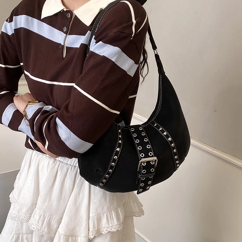 Borsa Hobo Mezzaluna In Pelle PU Retrò Con Borchie Occhielli Metallici Cinturino Con Fibbia Borsa A Spalla Donna Stile Punk Y2K