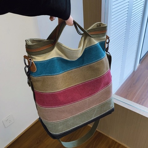 Vintage Color Block Gestreepte Gespleten Canvas Tote Bag Grote Capacità Schouder Crossbody Handtas Voor Vrouwen Casual Reizen
