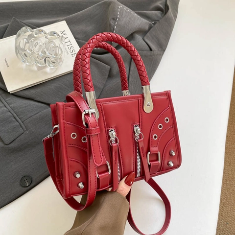 Women Motorcycle Handbag PU Leather Woven Handle Rivet Zipper Decor Adjustable Strap Punk Style Shoulder Crossbody Bag