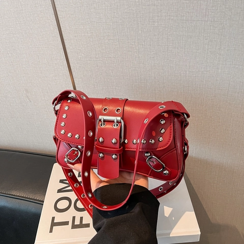 Borsa A Spalla Da Donna Sottobraccio Pelle PU Rivetto Fibbia Y2K Punk Stile Moto Piccola Borsa A Mano Quadrata Moda