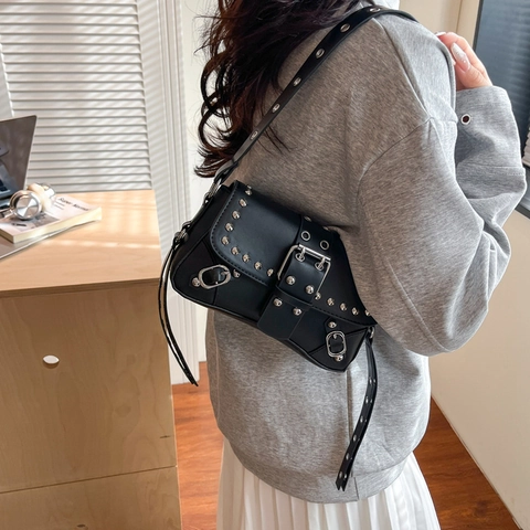 Borsa A Spalla Da Donna Sottobraccio Pelle PU Rivetto Fibbia Y2K Punk Stile Moto Piccola Borsa A Mano Quadrata Moda
